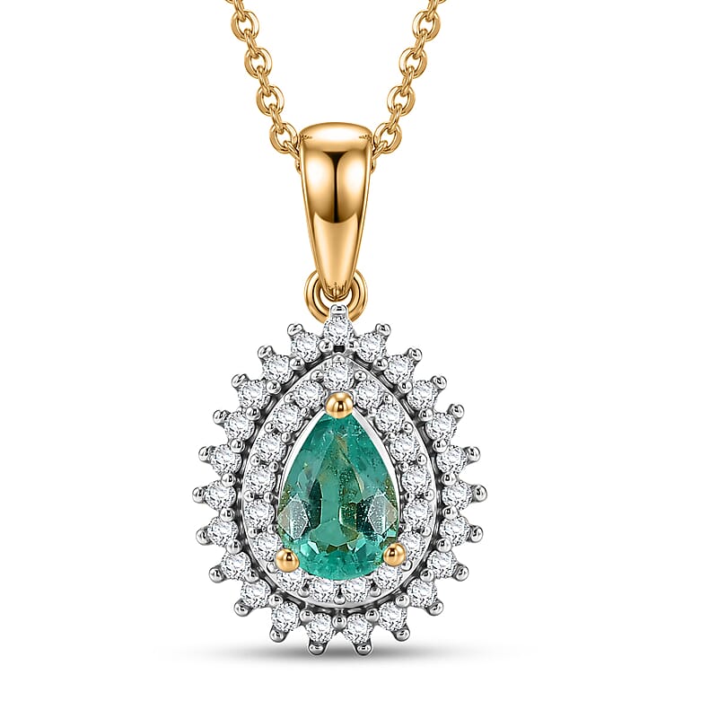 D'Joy Boyaca Colombian Emerald and Moissanite 0.60 ctw Pear Crown Halo Pendant Necklace in 18K Vermeil Yellow Gold Over Sterling Silver 20 Inches