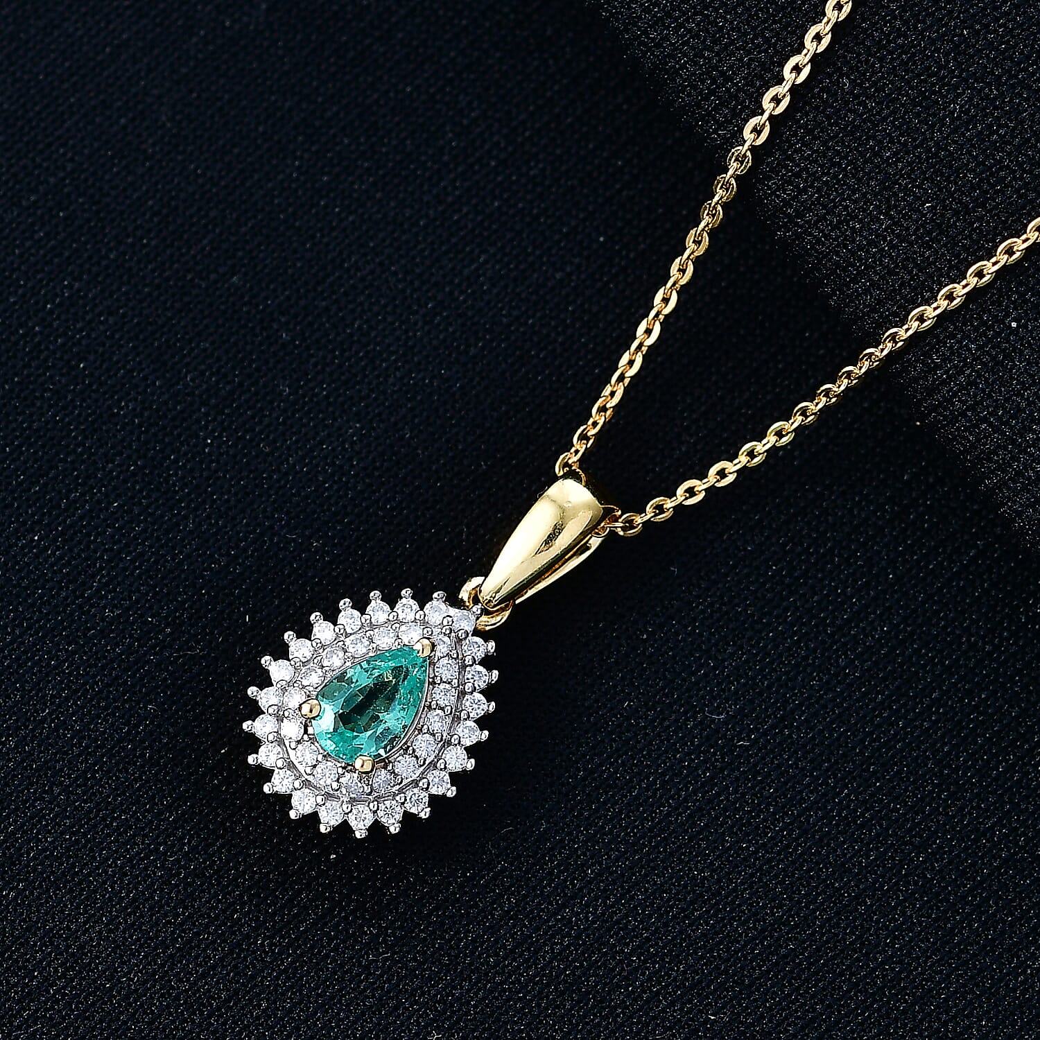 D'Joy Boyaca Colombian Emerald and Moissanite 0.60 ctw Pear Crown Halo Pendant Necklace in 18K Vermeil Yellow Gold Over Sterling Silver 20 Inches