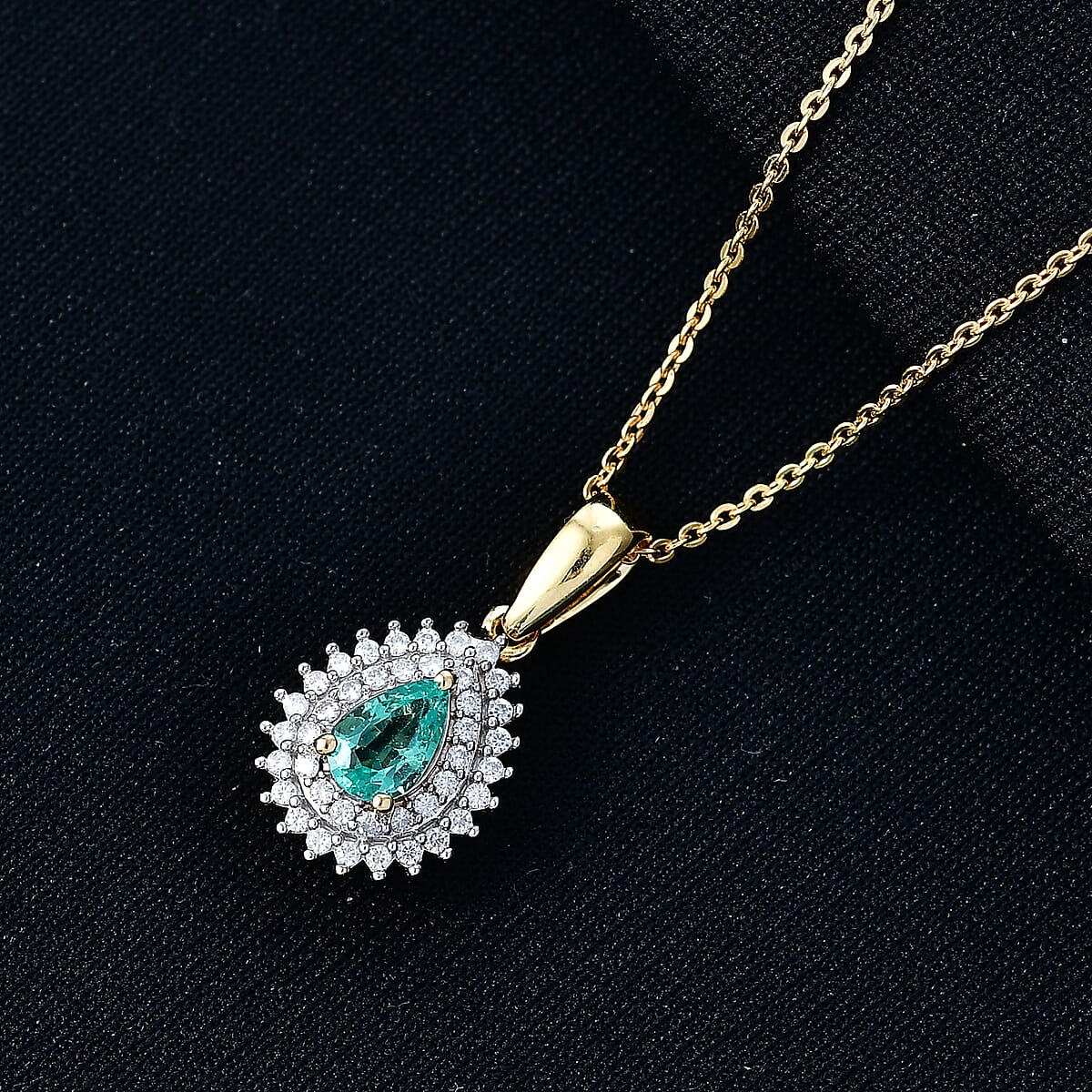 D'Joy Boyaca Colombian Emerald and Moissanite 0.60 ctw Pear Crown Halo Pendant Necklace in 18K Vermeil Yellow Gold Over Sterling Silver 20 Inches  image number 1