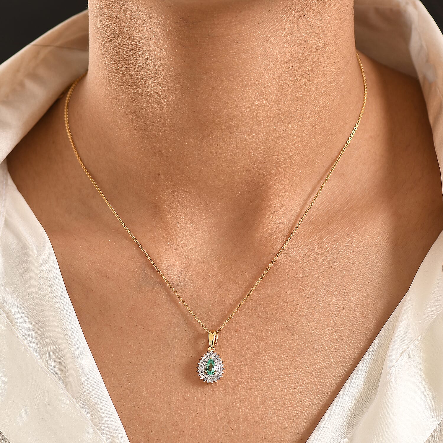 D'Joy Boyaca Colombian Emerald and Moissanite 0.60 ctw Pear Crown Halo Pendant Necklace in 18K Vermeil Yellow Gold Over Sterling Silver 20 Inches