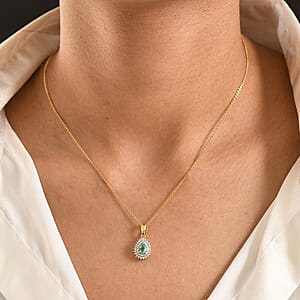 D'Joy Boyaca Colombian Emerald and Moissanite 0.60 ctw Pear Crown Halo Pendant Necklace in 18K Vermeil Yellow Gold Over Sterling Silver 20 Inches 