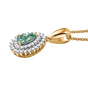 D'Joy Boyaca Colombian Emerald and Moissanite 0.60 ctw Pear Crown Halo Pendant Necklace in 18K Vermeil Yellow Gold Over Sterling Silver 20 Inches 