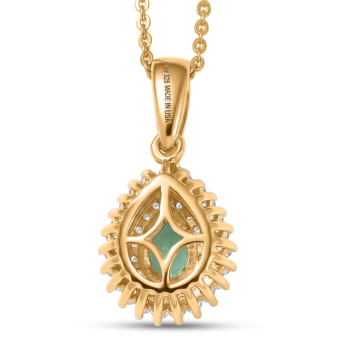 D'Joy Boyaca Colombian Emerald and Moissanite 0.60 ctw Pear Crown Halo Pendant Necklace in 18K Vermeil Yellow Gold Over Sterling Silver 20 Inches  image number 4