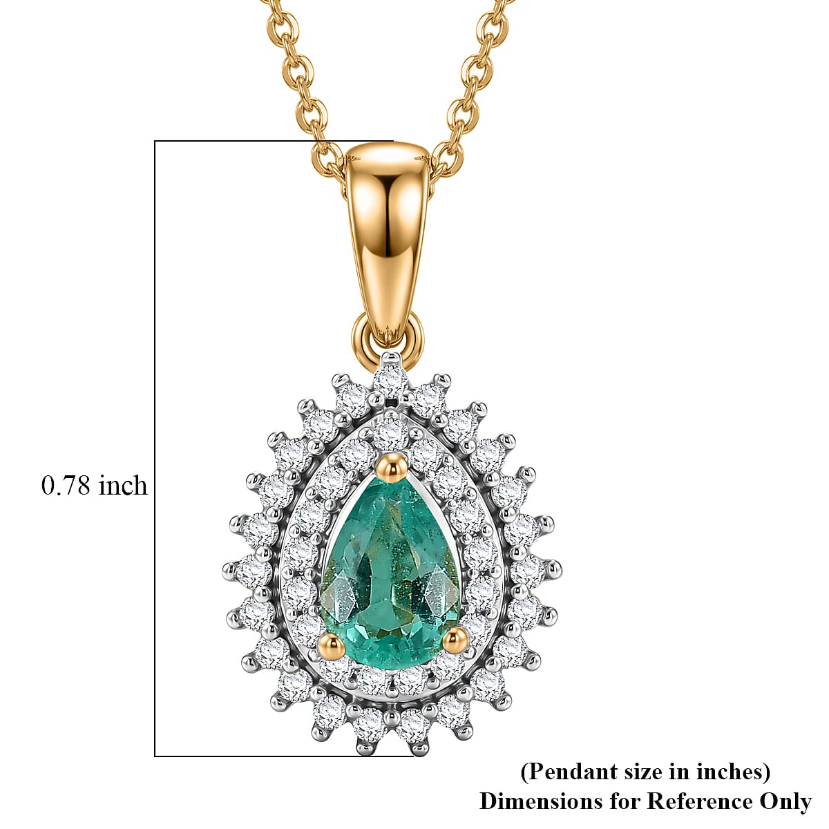 D'Joy Boyaca Colombian Emerald and Moissanite 0.60 ctw Pear Crown Halo Pendant Necklace in 18K Vermeil Yellow Gold Over Sterling Silver 20 Inches