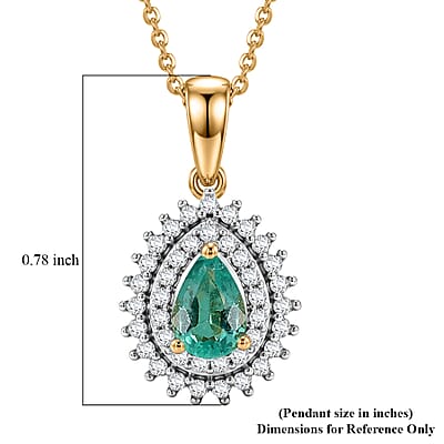 D'Joy Boyaca Colombian Emerald and Moissanite 0.60 ctw Pear Crown Halo Pendant Necklace in 18K Vermeil Yellow Gold Over Sterling Silver 20 Inches