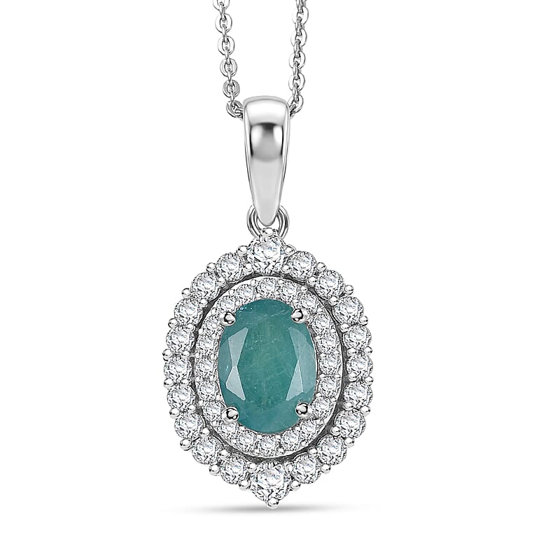 D'Joy Premium Grandidierite and Moissanite 1.85 ctw Ocean Crown Halo Pendant Necklace in Rhodium Over Sterling Silver 20 Inches