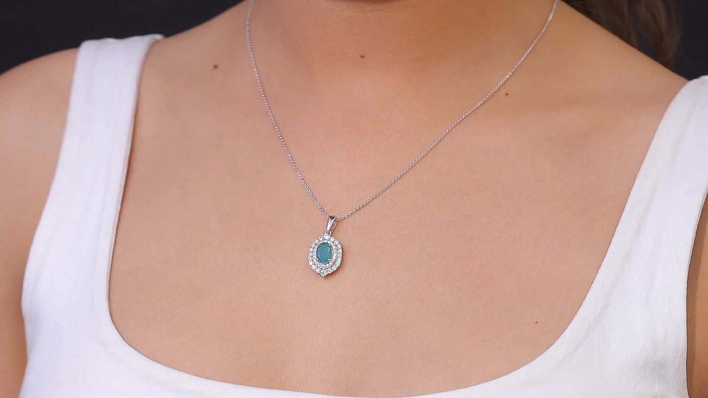 D'Joy Premium Grandidierite and Moissanite 1.85 ctw Ocean Crown Halo Pendant Necklace in Rhodium Over Sterling Silver 20 Inches