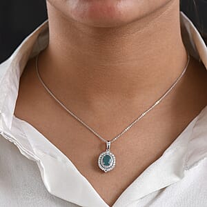D'Joy Premium Grandidierite and Moissanite 1.85 ctw Ocean Crown Halo Pendant Necklace in Rhodium Over Sterling Silver 20 Inches 