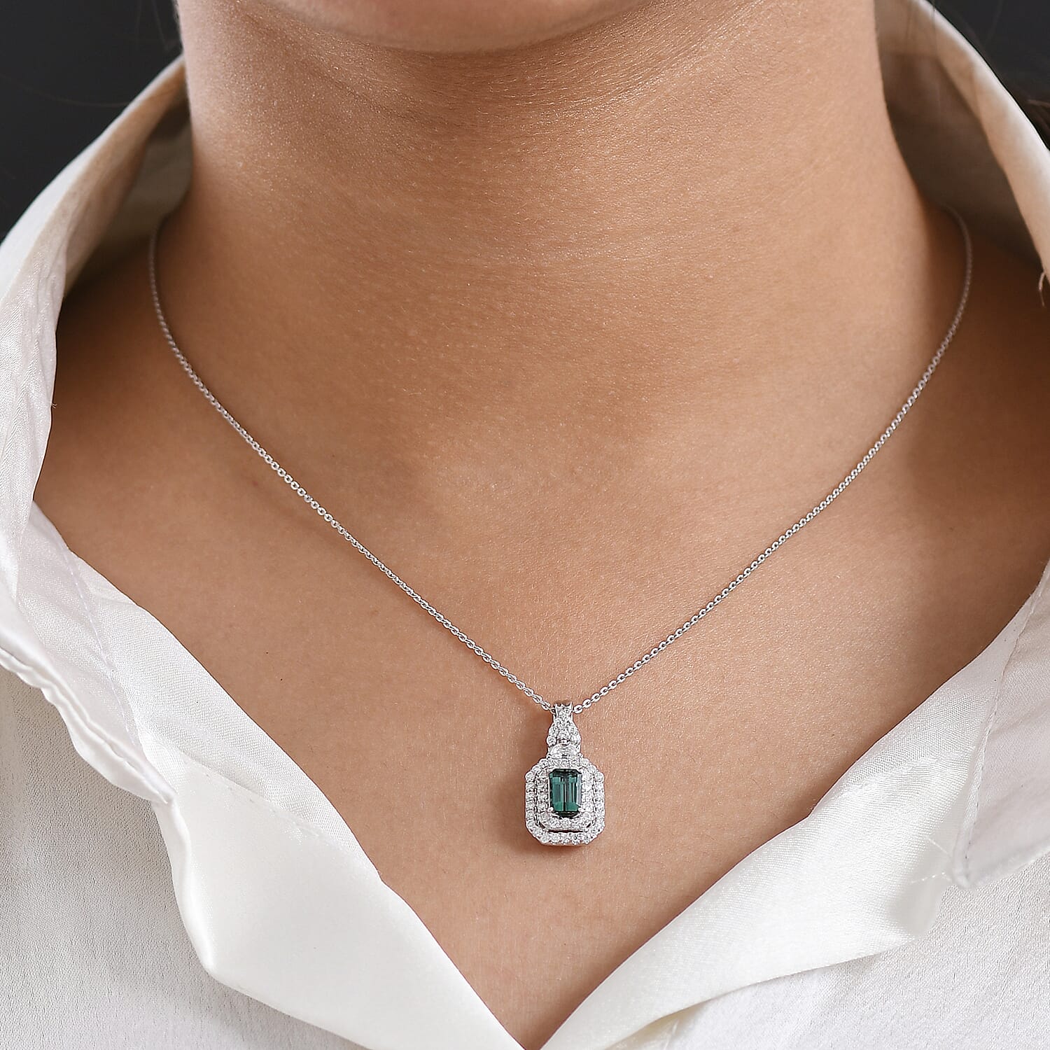 Certified & Appraised D'Joy Pirineu Lagoon Tourmaline and Moissanite 1.50 ctw Pendant Necklace in Rhodium Over Sterling Silver 20 Inches 