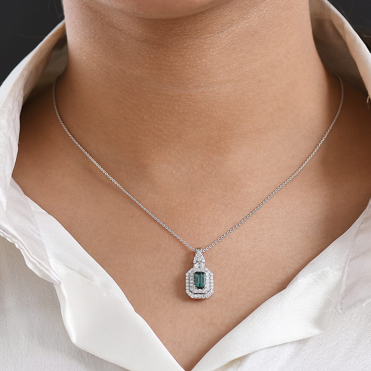Certified & Appraised D'Joy Pirineu Lagoon Tourmaline and Moissanite 1.50 ctw Pendant Necklace in Rhodium Over Sterling Silver 20 Inches  image number 2