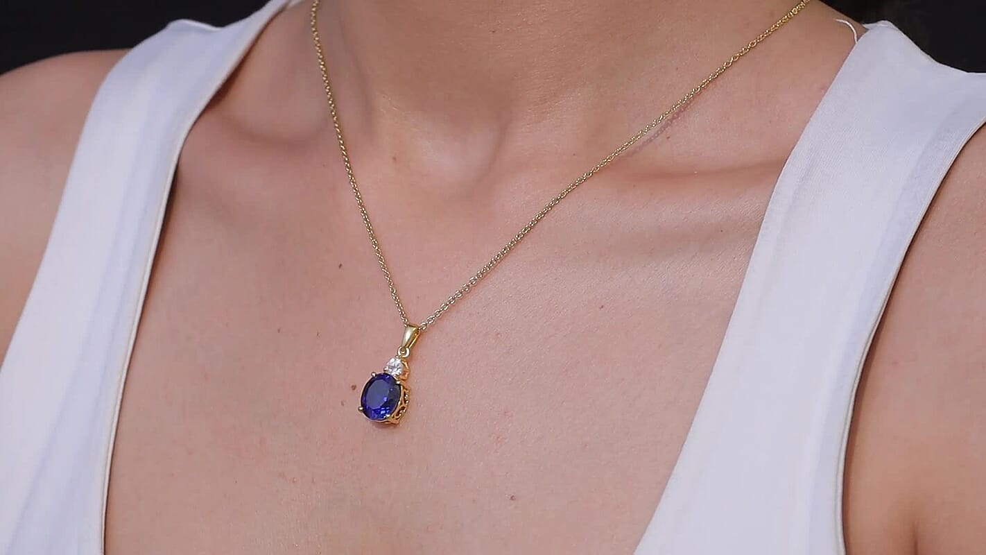 EverTrue Lab Created Blue and White Sapphire Pendant in 18K YG Plated with ION Plated YG Stainless Steel (20 Inches) 7.40 ctw
