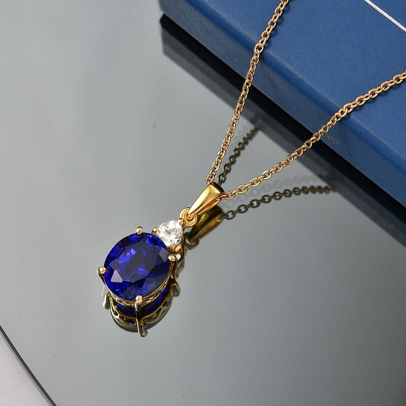 EverTrue Lab Created Blue and White Sapphire 7.40 ctw Crown Pendant in 18K YG Plated with ION Plated YG Stainless Steel Necklace (20 Inches)