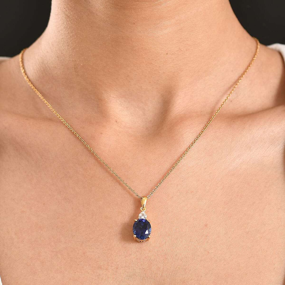 EverTrue Lab Created Blue and White Sapphire 7.40 ctw Crown Pendant in 18K YG Plated with ION Plated YG Stainless Steel Necklace (20 Inches) image number 2