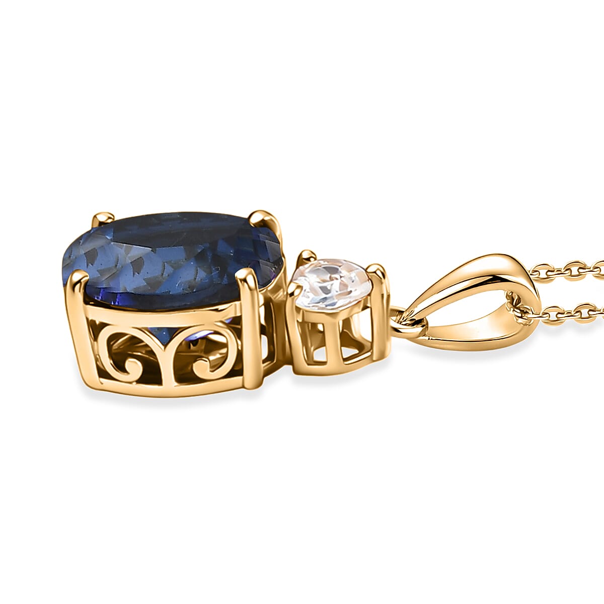 EverTrue Lab Created Blue and White Sapphire 7.40 ctw Crown Pendant in 18K YG Plated with ION Plated YG Stainless Steel Necklace (20 Inches)