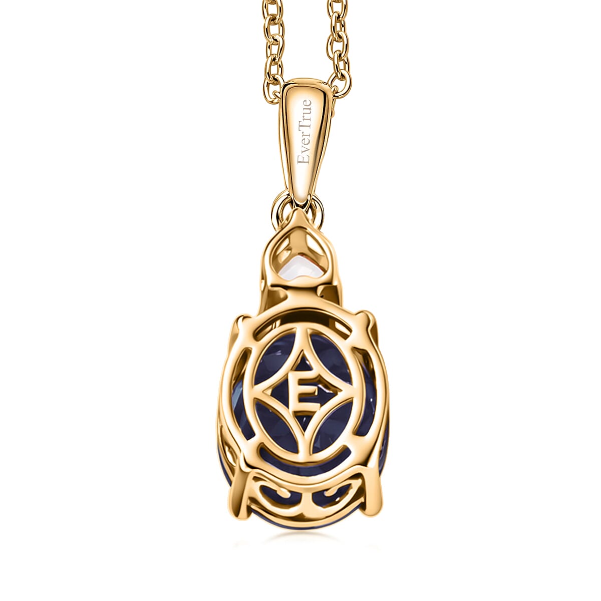 EverTrue Lab Created Blue and White Sapphire 7.40 ctw Crown Pendant in 18K YG Plated with ION Plated YG Stainless Steel Necklace (20 Inches) image number 4