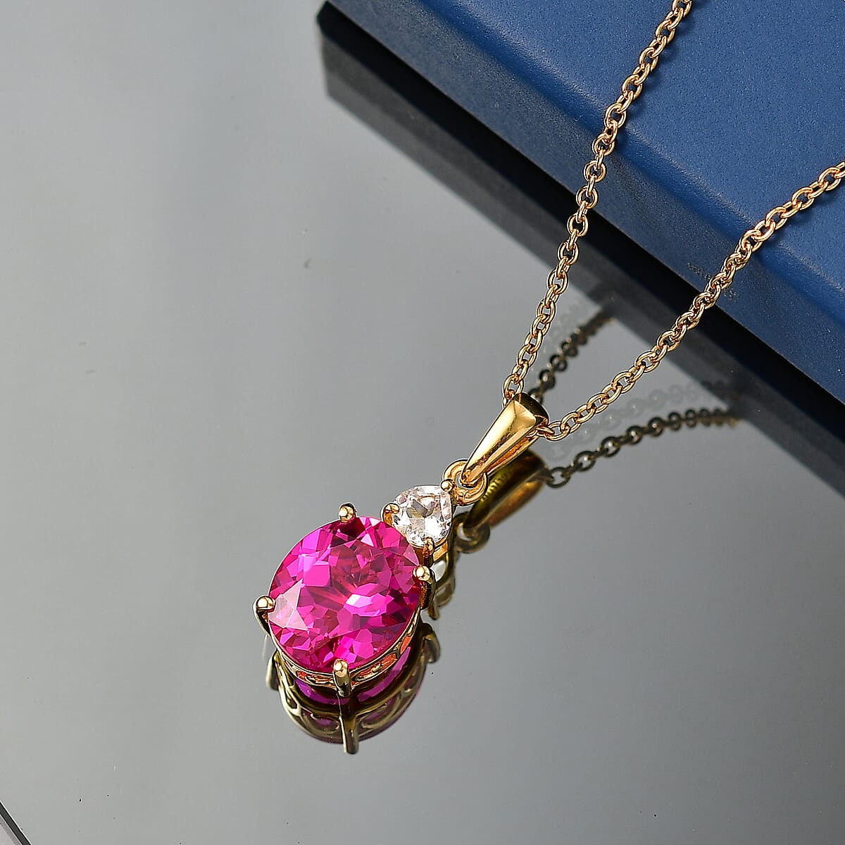 EverTrue Lab Created Pink and White Sapphire 7.00 ctw Crown Pendant in 18K YG Plated with ION Plated YG Stainless Steel Necklace (20 Inches) image number 1