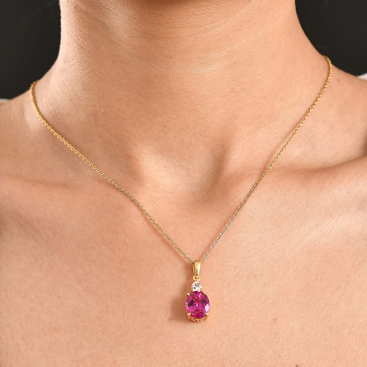 EverTrue Lab Created Pink and White Sapphire 7.00 ctw Crown Pendant in 18K YG Plated with ION Plated YG Stainless Steel Necklace (20 Inches) image number 2
