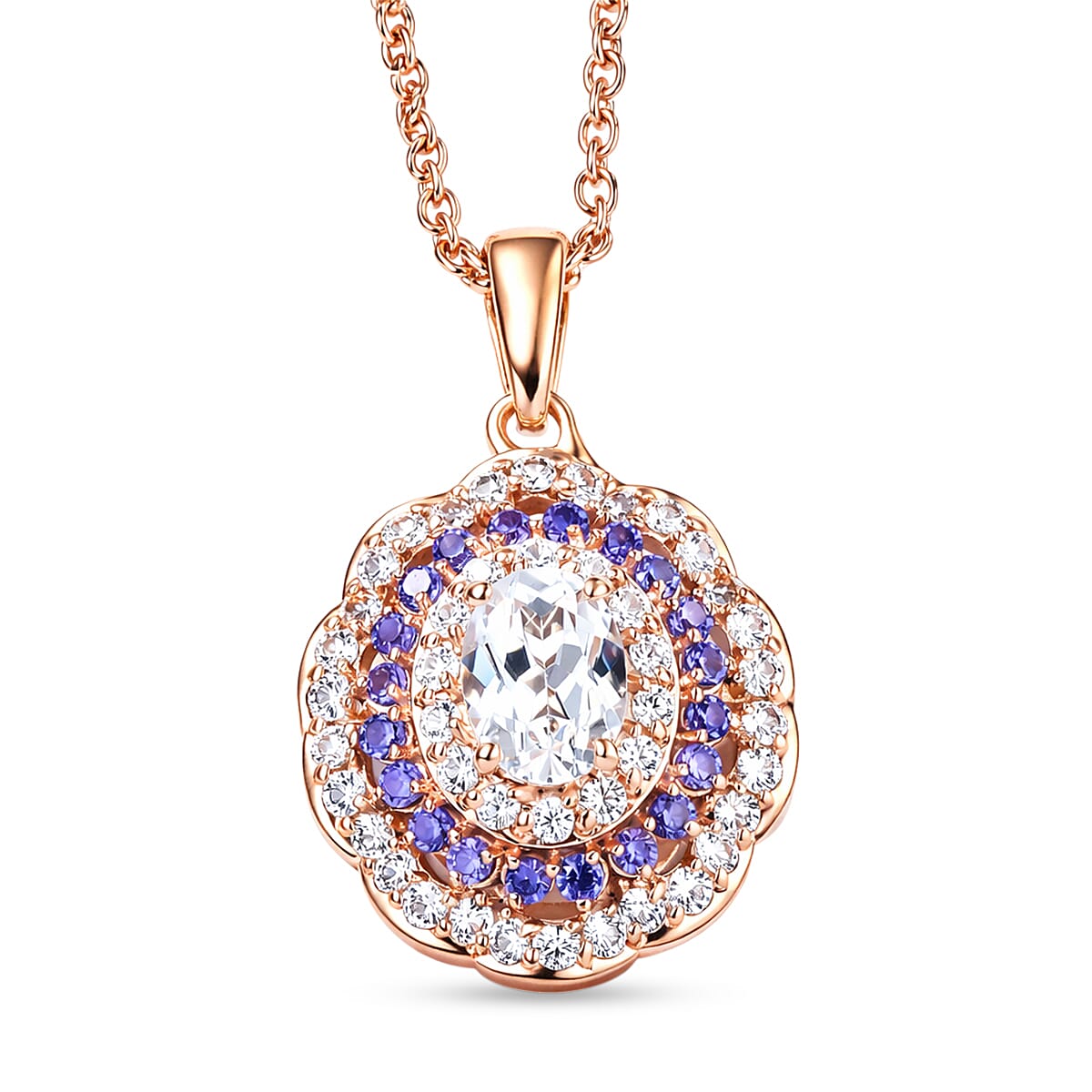 EverTrue Lab Created White and Purple Sapphire 2.30 ctw Royal Blush Halo Pendant in 18K RG Plated with ION Plated RG Stainless Steel Necklace (20 Inches)