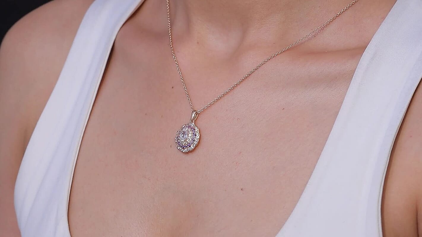 EverTrue Lab Created White and Purple Sapphire 2.30 ctw Royal Blush Halo Pendant in 18K RG Plated with ION Plated RG Stainless Steel Necklace (20 Inches)
