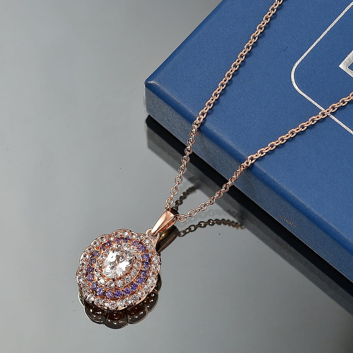 EverTrue Lab Created White and Purple Sapphire 2.30 ctw Royal Blush Halo Pendant in 18K RG Plated with ION Plated RG Stainless Steel Necklace (20 Inches) image number 1
