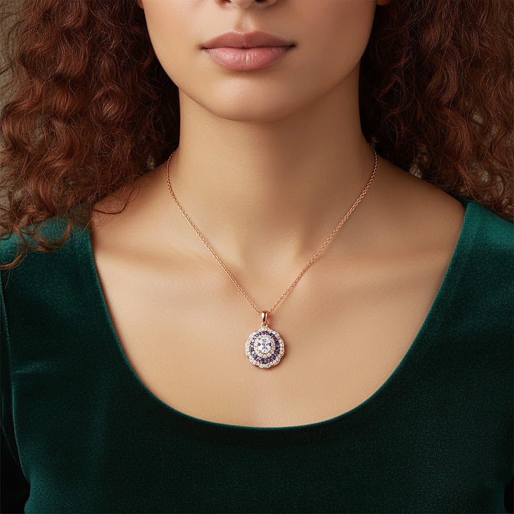 EverTrue Lab Created White and Purple Sapphire 2.30 ctw Royal Blush Halo Pendant in 18K RG Plated with ION Plated RG Stainless Steel Necklace (20 Inches)