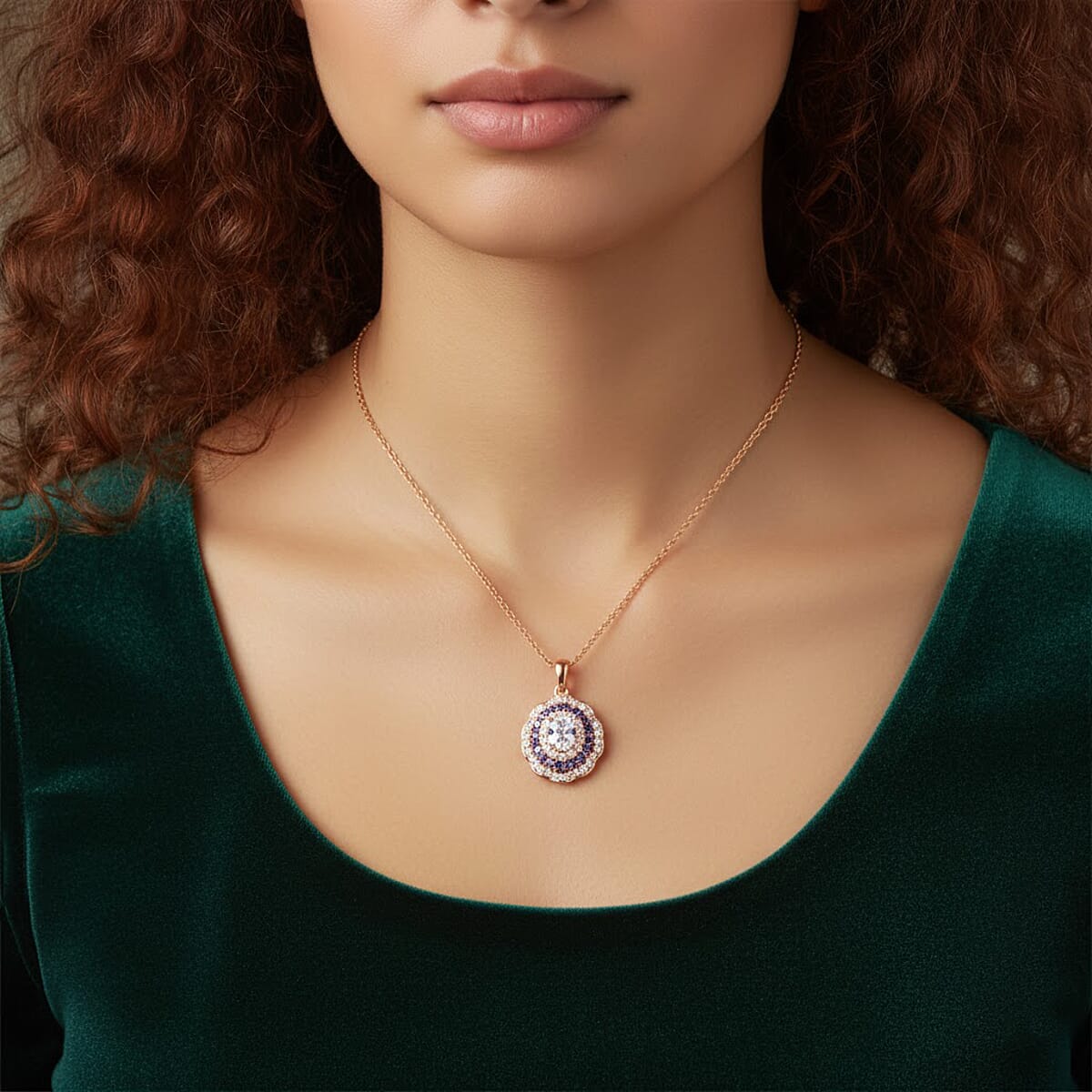 EverTrue Lab Created White and Purple Sapphire 2.30 ctw Royal Blush Halo Pendant in 18K RG Plated with ION Plated RG Stainless Steel Necklace (20 Inches) image number 2