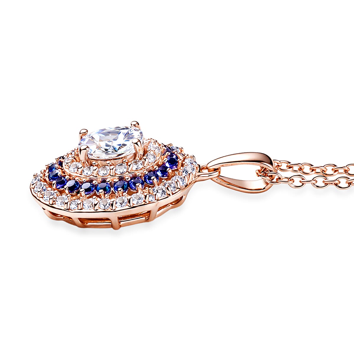 EverTrue Lab Created White and Purple Sapphire 2.30 ctw Royal Blush Halo Pendant in 18K RG Plated with ION Plated RG Stainless Steel Necklace (20 Inches)