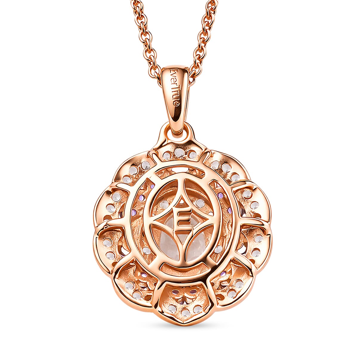 EverTrue Lab Created White and Purple Sapphire 2.30 ctw Royal Blush Halo Pendant in 18K RG Plated with ION Plated RG Stainless Steel Necklace (20 Inches)