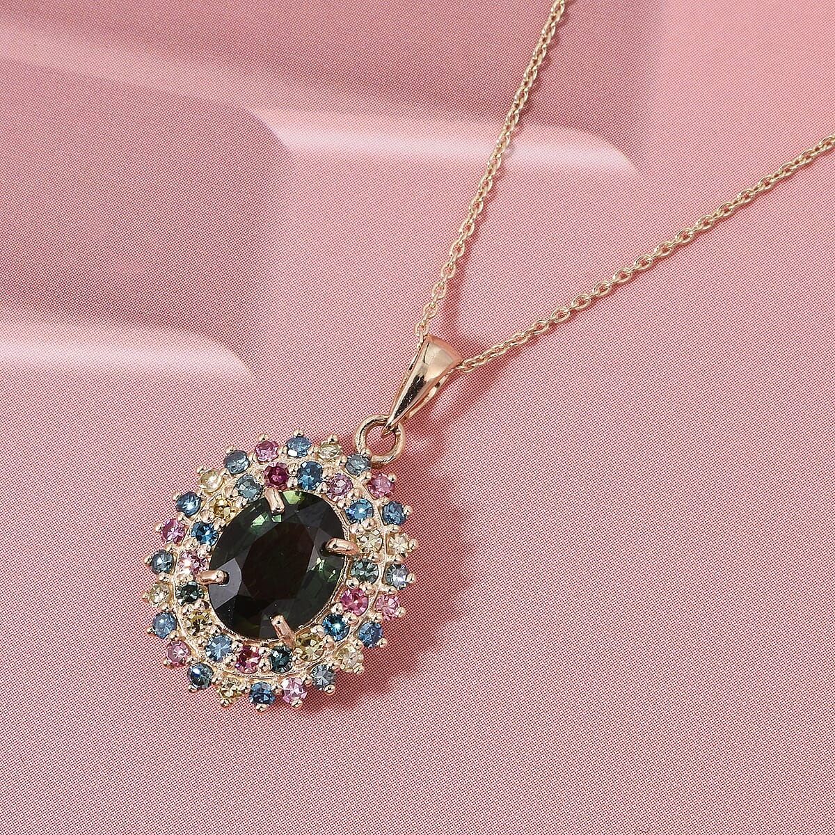 AAA Green Sapphire and Luxuriant Lab Grown Multi Diamond (IR) (SI) 3.25 ctw Garden Royale Pendant Necklace in 10K Yellow Gold 18 Inches image number 1