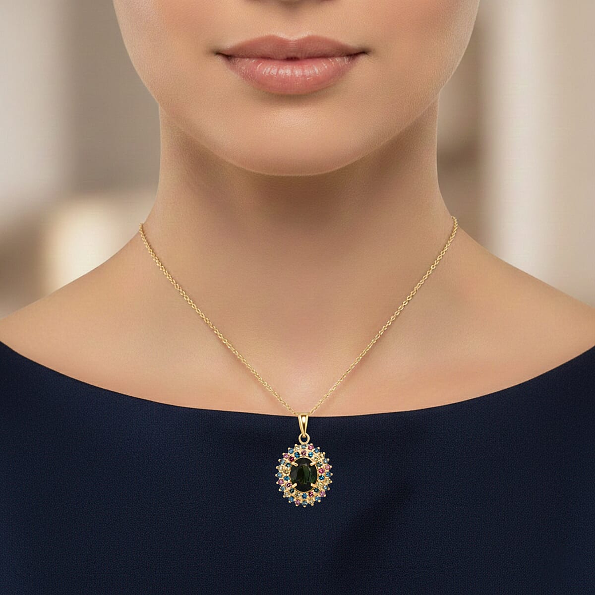 AAA Green Sapphire and Luxuriant Lab Grown Multi Diamond (IR) (SI) 3.25 ctw Garden Royale Pendant Necklace in 10K Yellow Gold 18 Inches image number 2