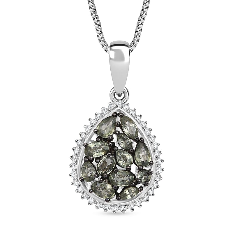 D'Joy Premium Milanoa Green Sapphire and Moissanite 3.00 ctw Secret Garden Bloom Pendant Necklace in Rhodium Over Sterling Silver (20 Inches)