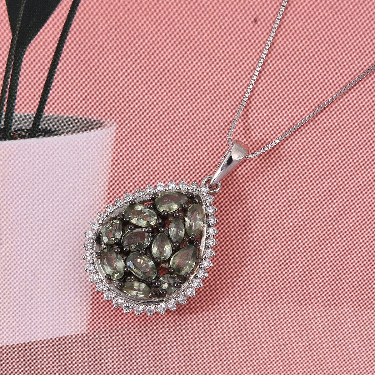 D'Joy Premium Green Sapphire and Moissanite 3.00 ctw Secret Garden Bloom Pendant Necklace in Rhodium Over Sterling Silver (20 Inches) image number 1