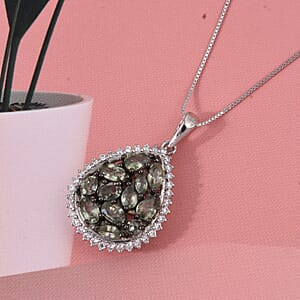 D'Joy Premium Green Sapphire and Moissanite 3.00 ctw Secret Garden Bloom Pendant Necklace in Rhodium Over Sterling Silver (20 Inches)