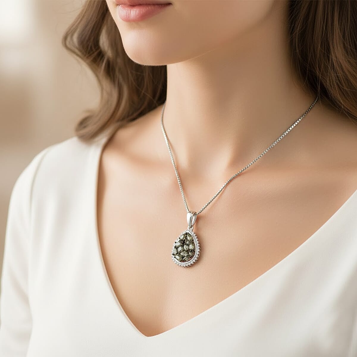 D'Joy Premium Green Sapphire and Moissanite 3.00 ctw Secret Garden Bloom Pendant Necklace in Rhodium Over Sterling Silver (20 Inches) image number 2