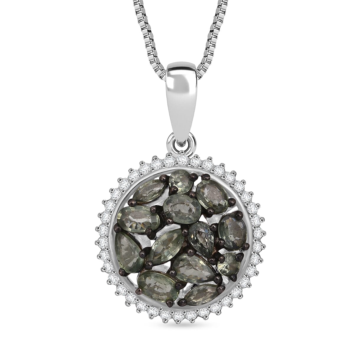 D'Joy Premium Milanoa Green Sapphire and Moissanite 3.00 ctw Secret Garden Bloom Pendant Necklace in Rhodium Over Sterling Silver 20 Inches