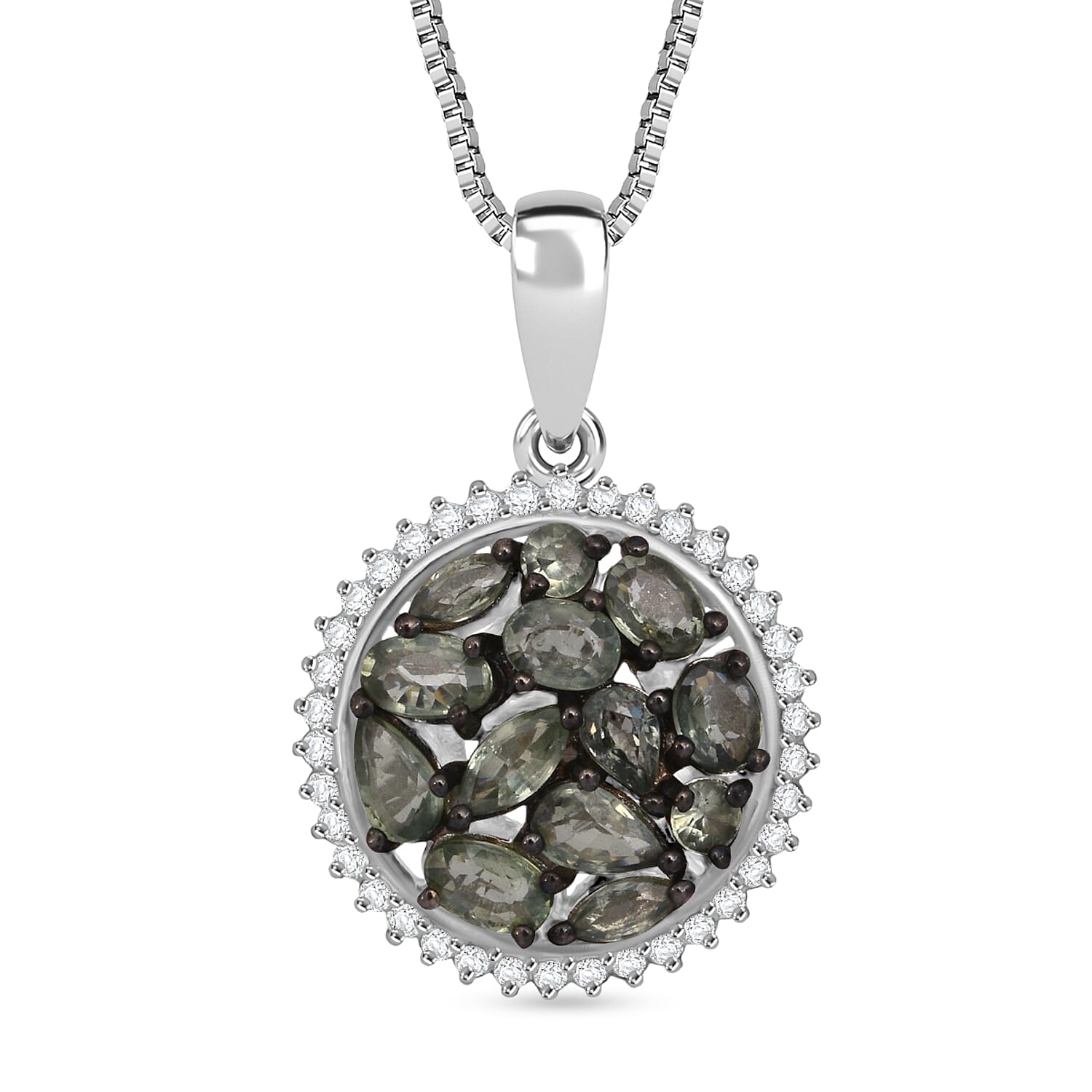 D'Joy Premium Milanoa Green Sapphire and Moissanite 3.00 ctw Secret Garden Bloom Pendant Necklace in Rhodium Over Sterling Silve