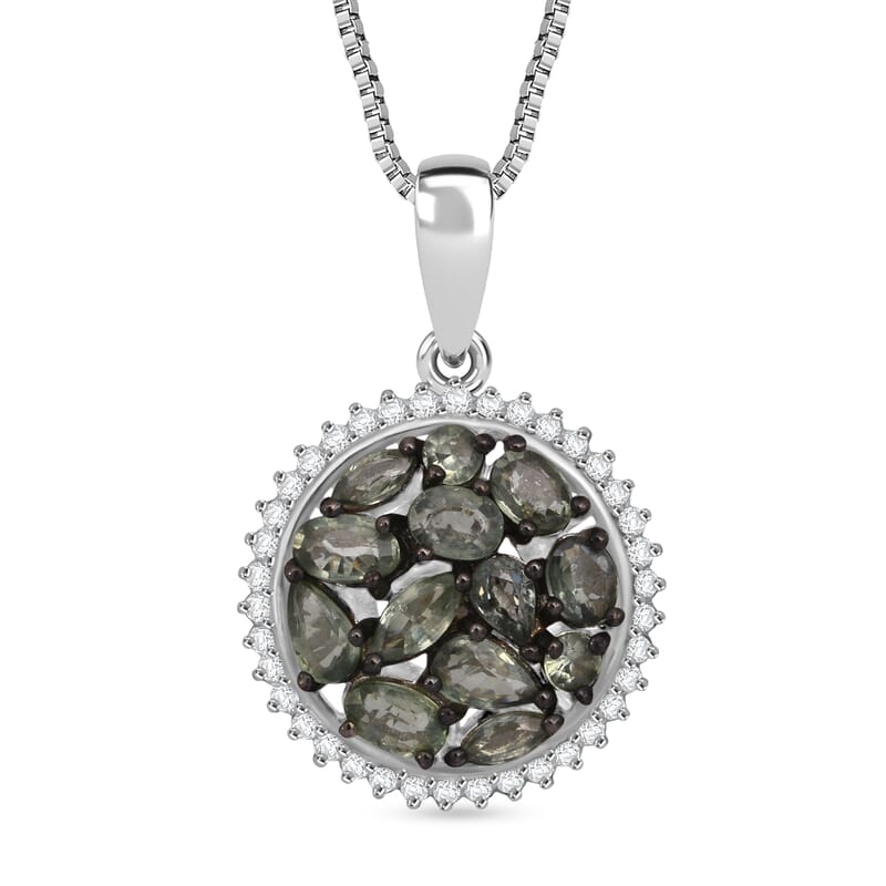 D'Joy Premium Milanoa Green Sapphire and Moissanite 3.00 ctw Secret Garden Bloom Pendant Necklace in Rhodium Over Sterling Silver 20 Inches