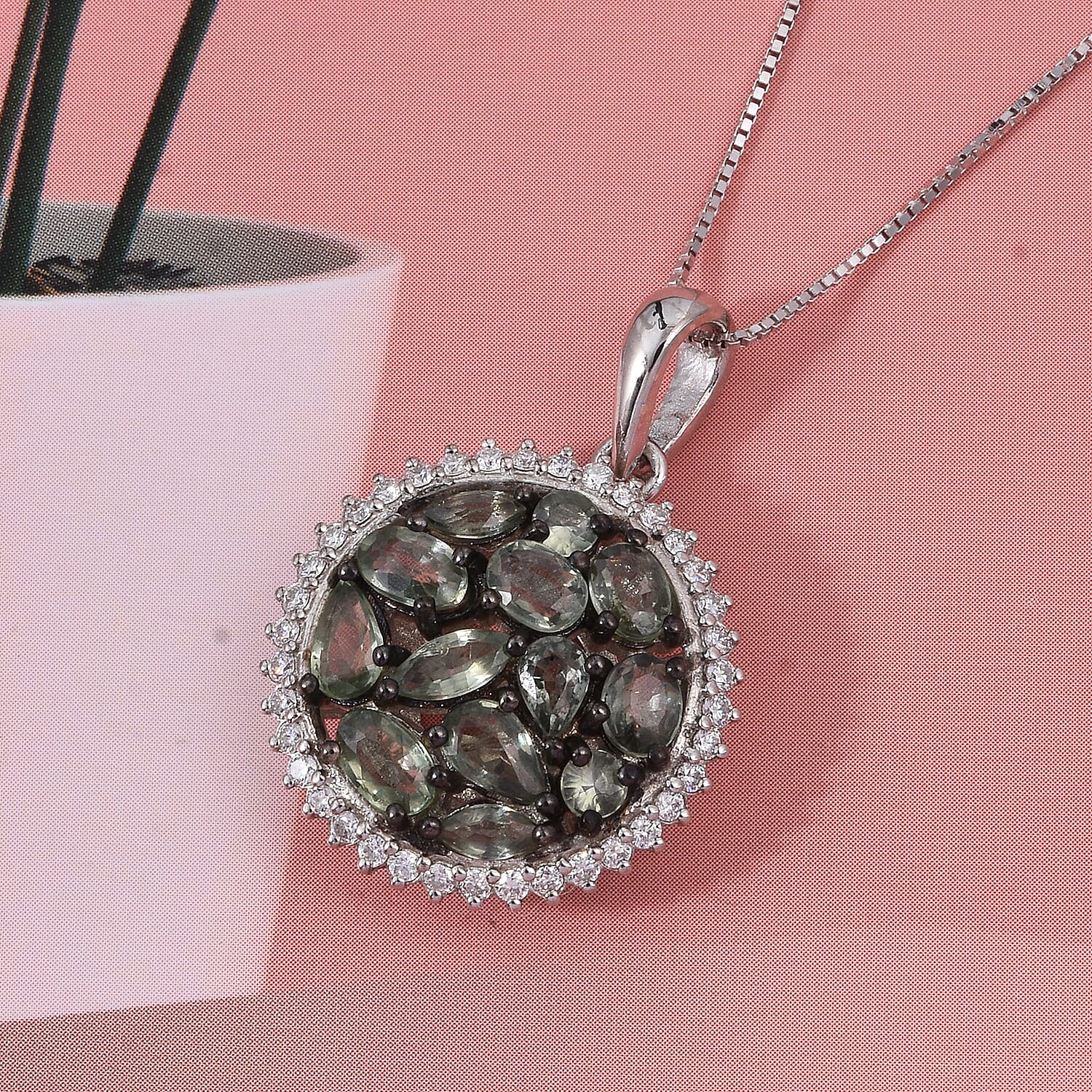 D'Joy Premium Milanoa Green Sapphire and Moissanite 3.00 ctw Secret Garden Bloom Pendant Necklace in Rhodium Over Sterling Silver 20 Inches