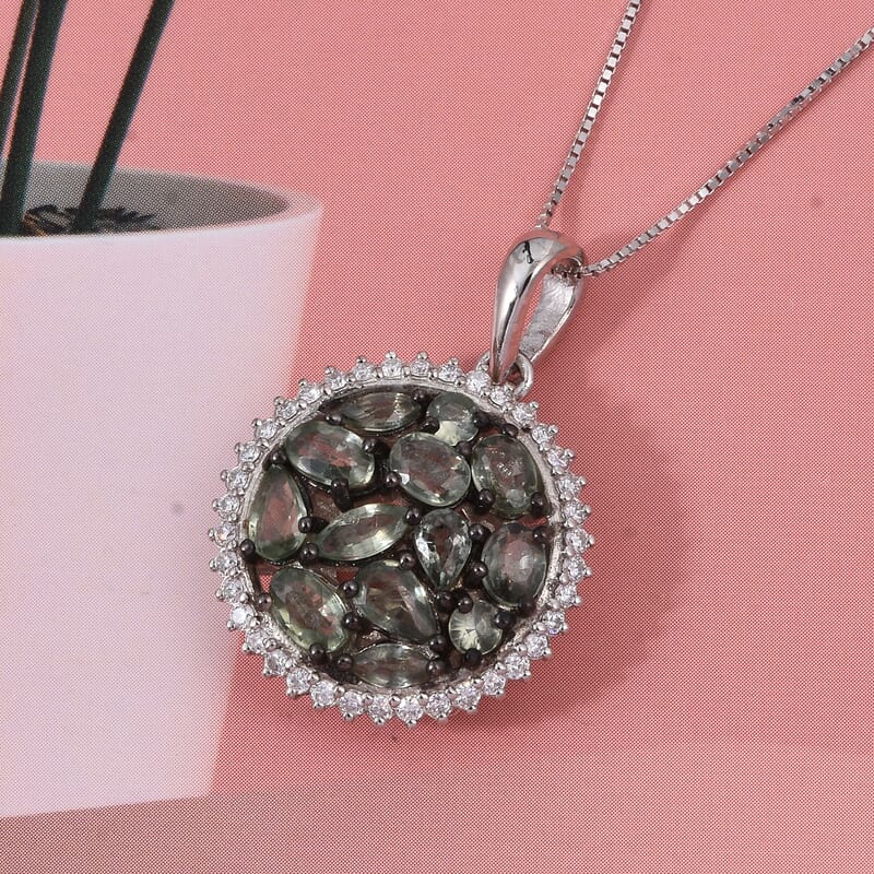 D'Joy Premium Milanoa Green Sapphire and Moissanite 3.00 ctw Secret Garden Bloom Pendant Necklace in Rhodium Over Sterling Silver 20 Inches