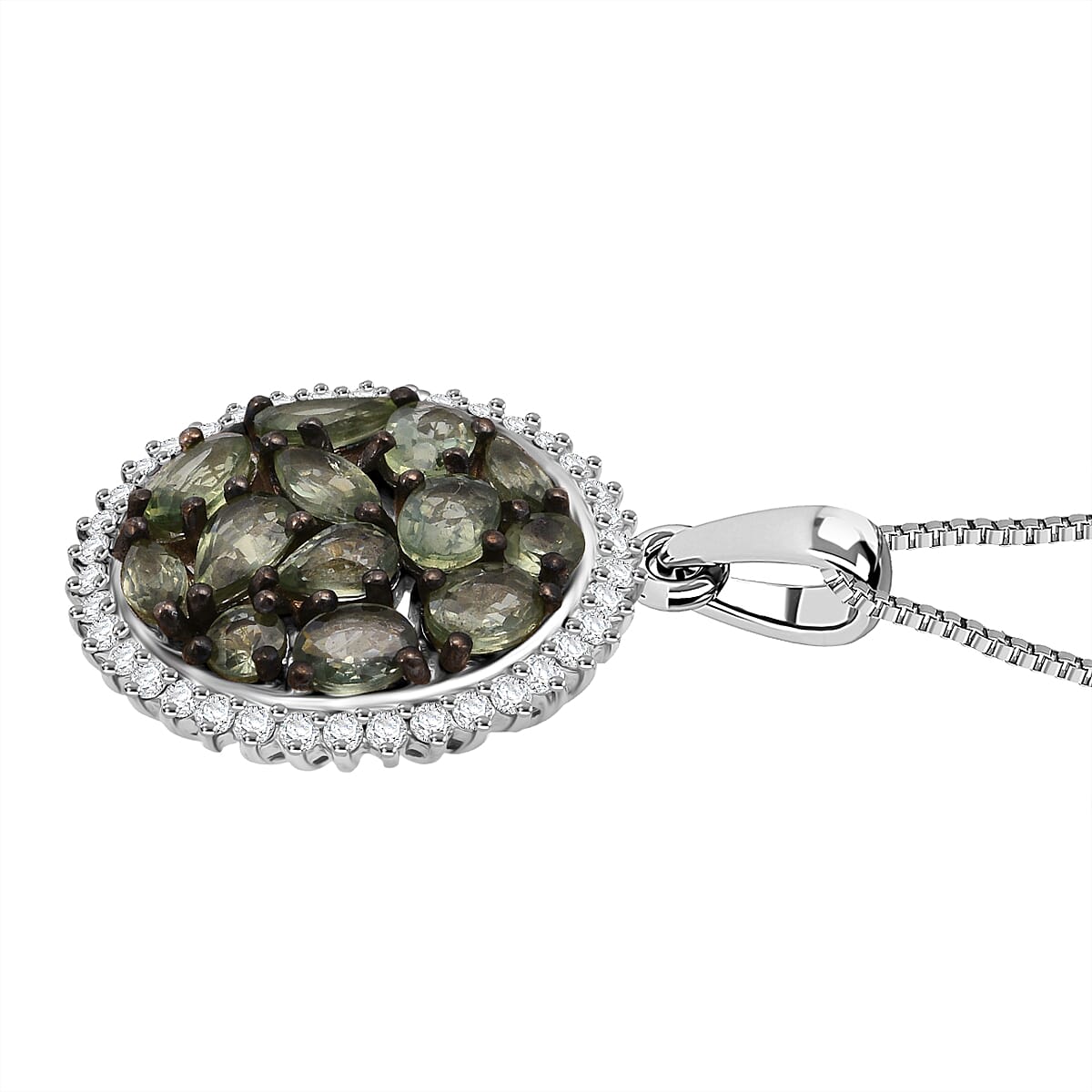 D'Joy Premium Milanoa Green Sapphire and Moissanite 3.00 ctw Secret Garden Bloom Pendant Necklace in Rhodium Over Sterling Silver 20 Inches