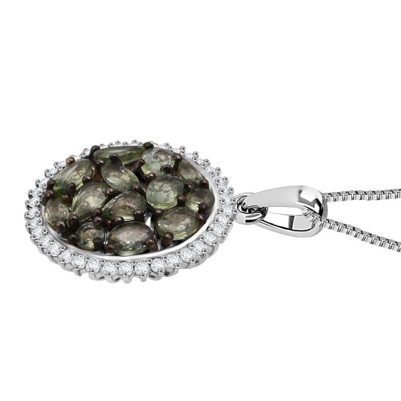 D'Joy Premium Milanoa Green Sapphire and Moissanite 3.00 ctw Secret Garden Bloom Pendant Necklace in Rhodium Over Sterling Silver 20 Inches