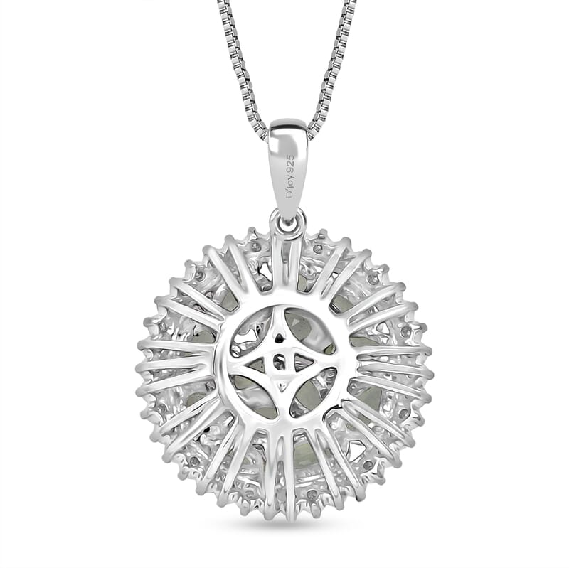 D'Joy Premium Milanoa Green Sapphire and Moissanite 3.00 ctw Secret Garden Bloom Pendant Necklace in Rhodium Over Sterling Silver 20 Inches