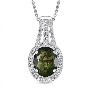 D'Joy Premium Bohemian Moldavite and White Zircon 2.85 ctw Pendant Necklace in Rhodium Over Sterling Silver (20 Inches)