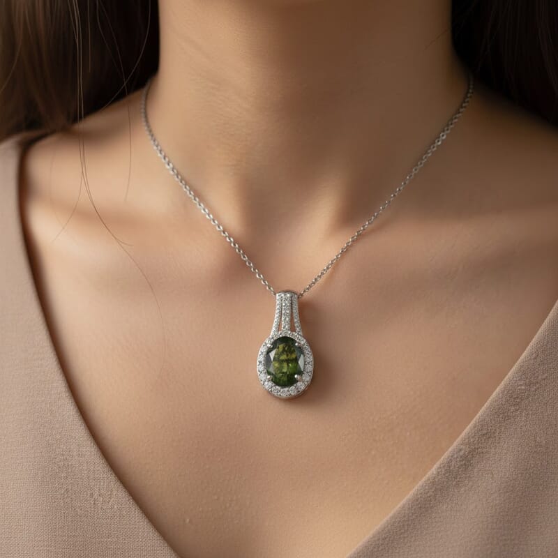 D'Joy Premium Bohemian Moldavite and White Zircon 2.85 ctw Celestial Halo Pendant Necklace in Rhodium Over Sterling Silver (20 Inches)