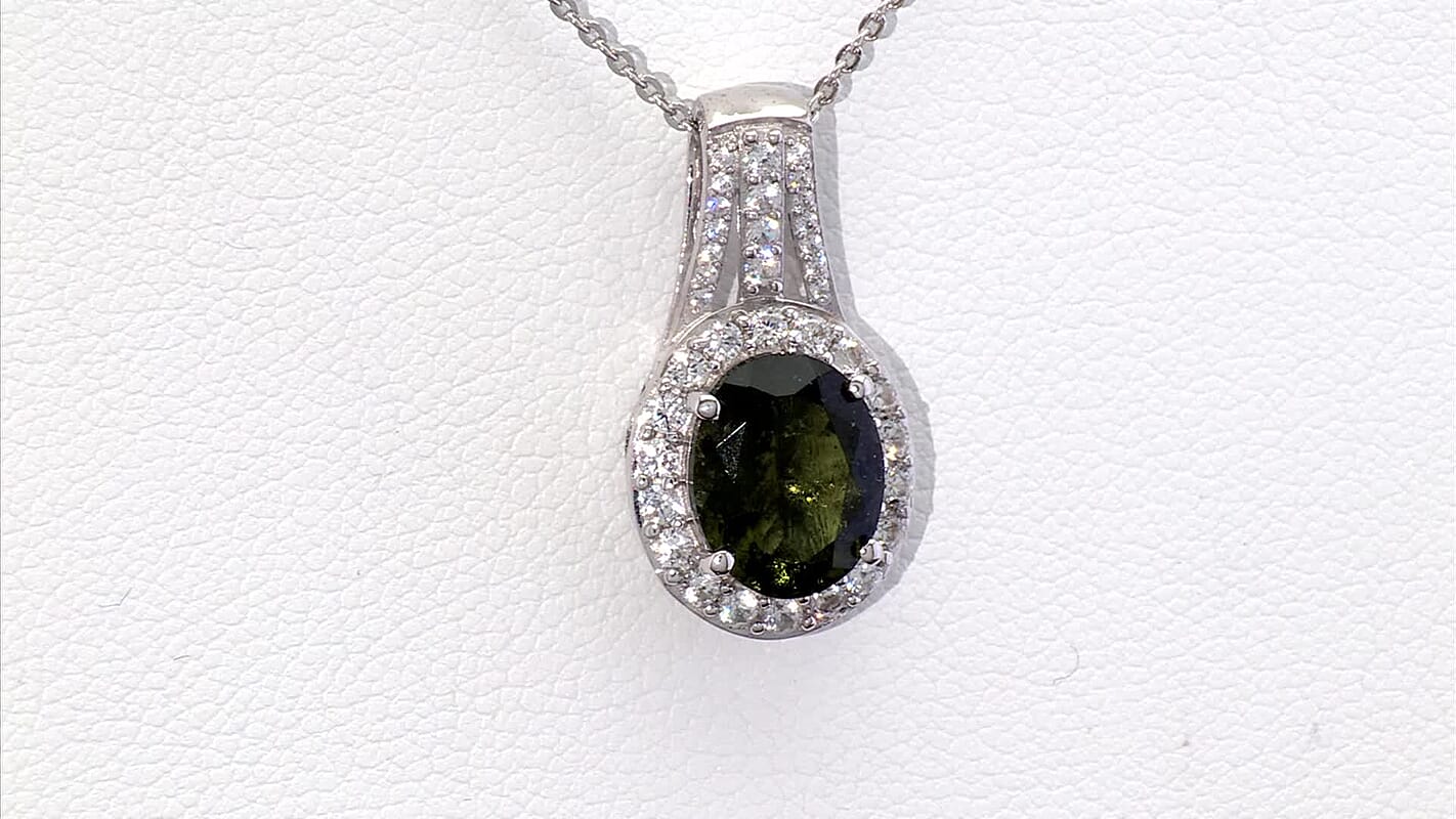 D'Joy Premium Bohemian Moldavite and White Zircon 2.85 ctw Celestial Halo Pendant Necklace in Rhodium Over Sterling Silver (20 Inches)
