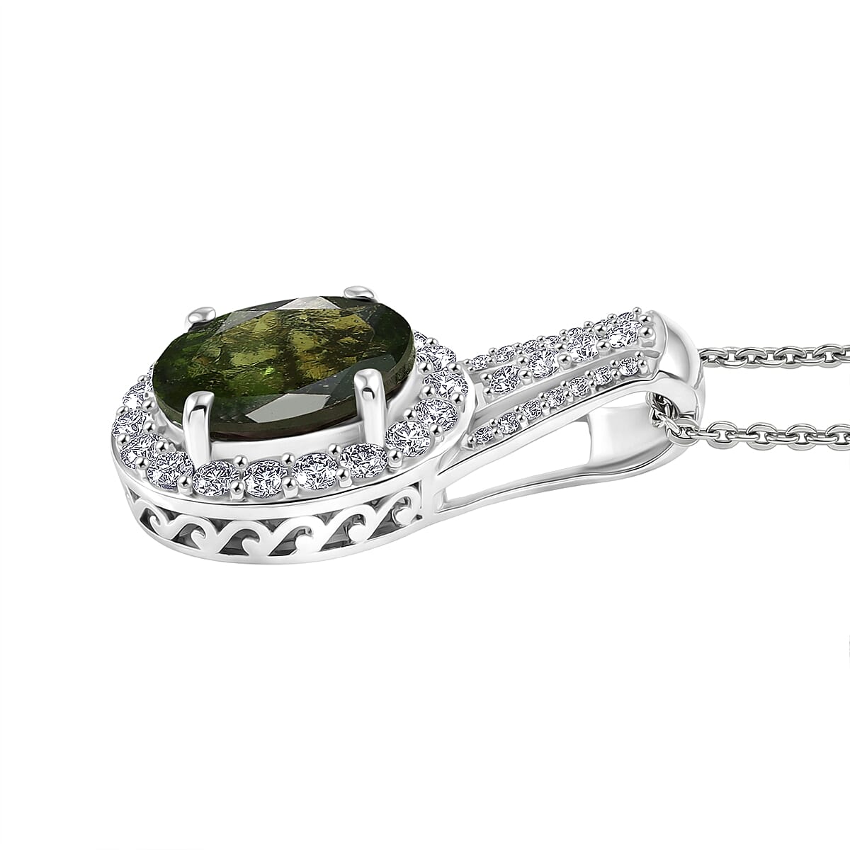 D'Joy Premium Bohemian Moldavite and White Zircon 2.85 ctw Pendant Necklace in Rhodium Over Sterling Silver (20 Inches) image number 3