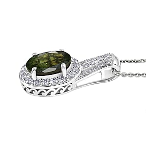 D'Joy Premium Bohemian Moldavite and White Zircon 2.85 ctw Pendant Necklace in Rhodium Over Sterling Silver (20 Inches)