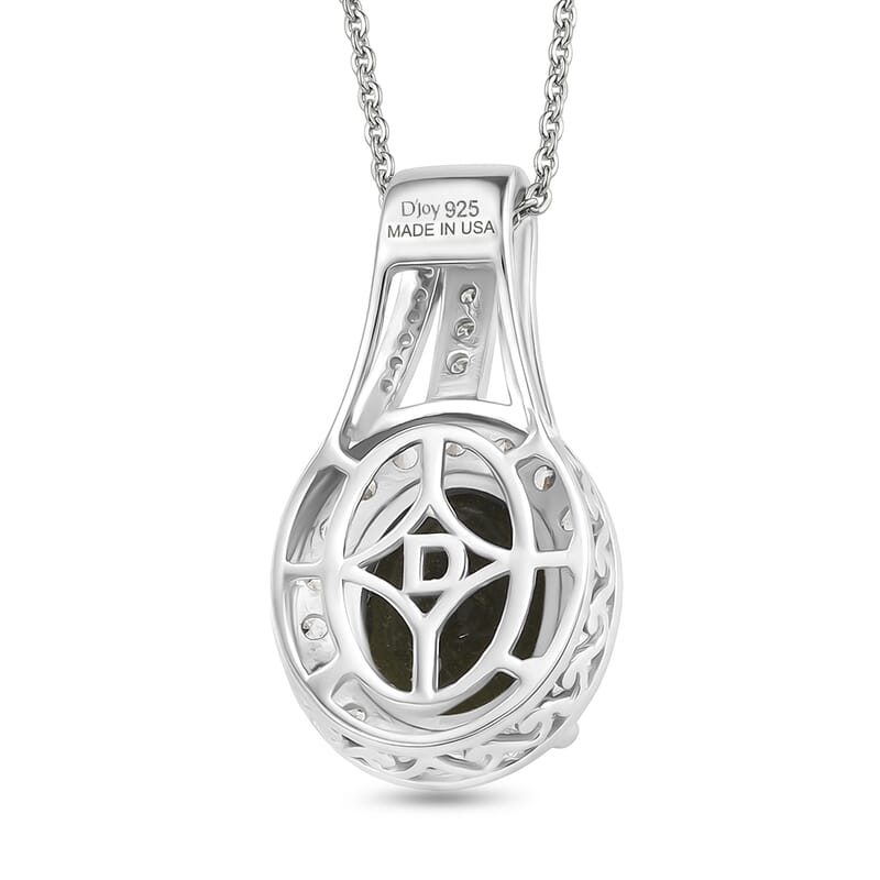 D'Joy Premium Bohemian Moldavite and White Zircon 2.85 ctw Celestial Halo Pendant Necklace in Rhodium Over Sterling Silver (20 Inches)