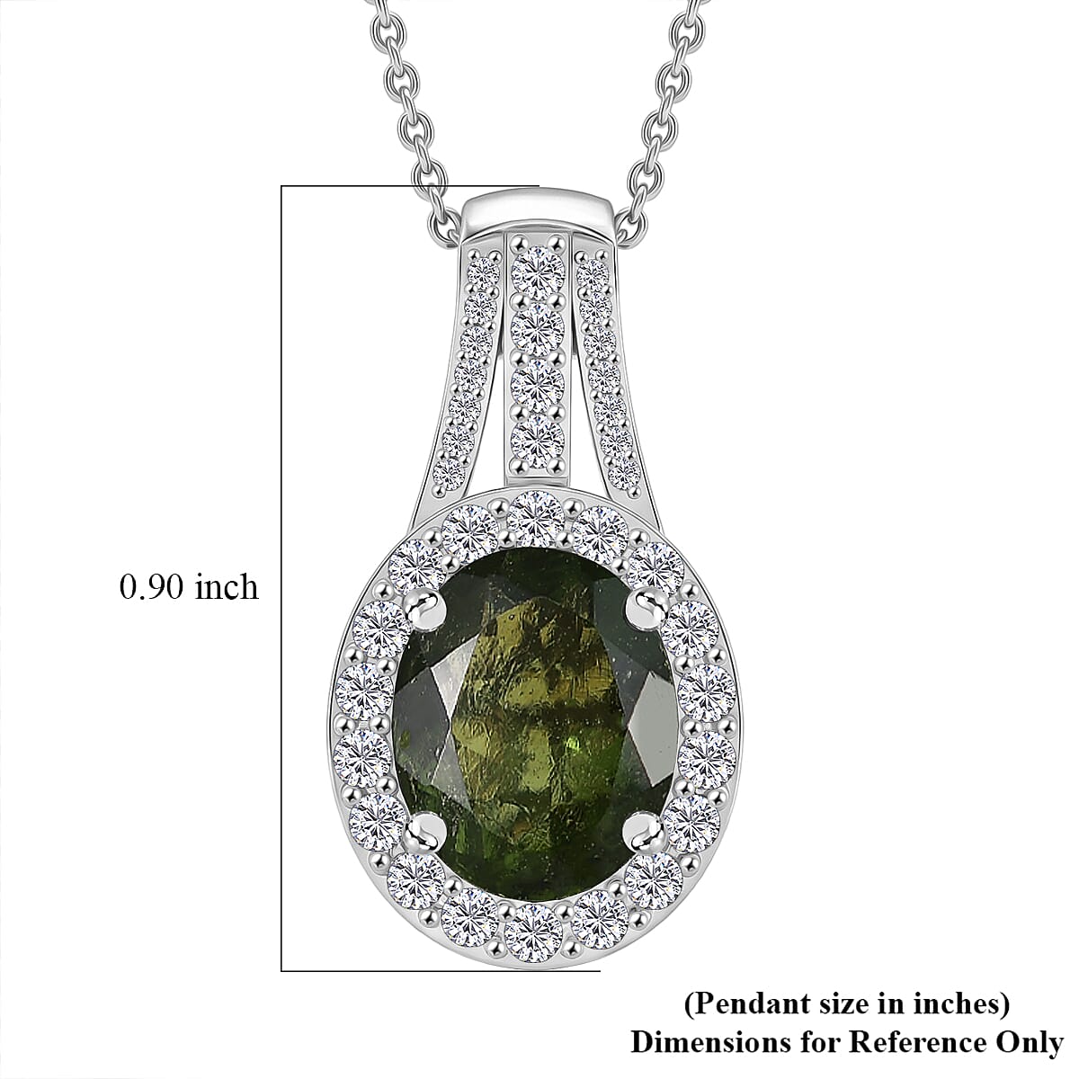 D'Joy Premium Bohemian Moldavite and White Zircon 2.85 ctw Celestial Halo Pendant Necklace in Rhodium Over Sterling Silver (20 Inches)