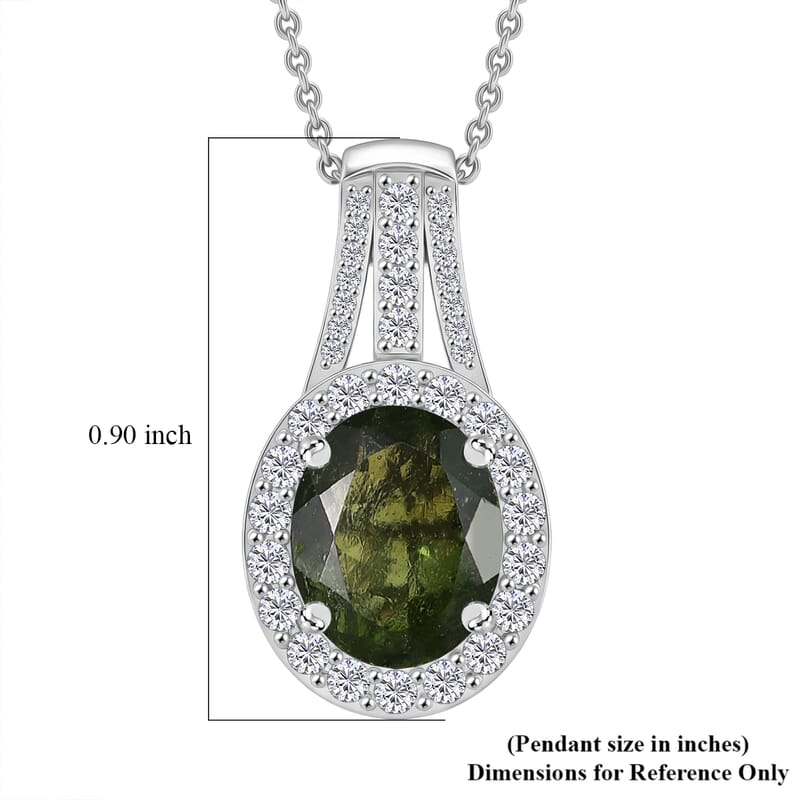 D'Joy Premium Bohemian Moldavite and White Zircon 2.85 ctw Celestial Halo Pendant Necklace in Rhodium Over Sterling Silver (20 Inches)